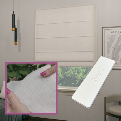 Elektrisches Raffrollo in hellem Beige mit Leinen